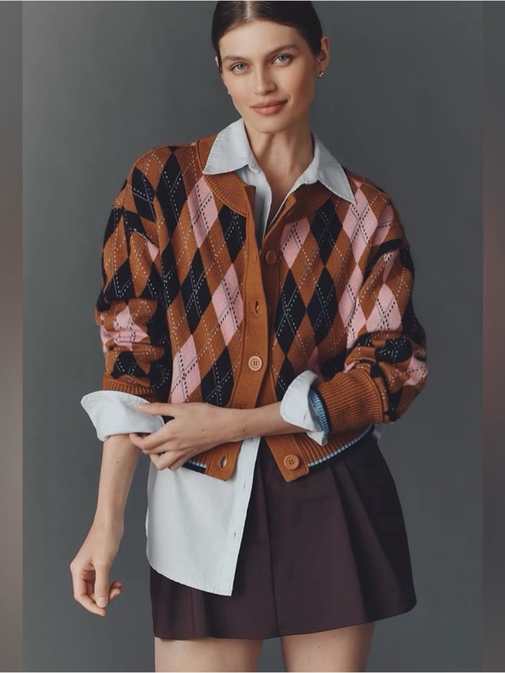 Maeve by Anthropologie The Sutton Compact Cardigan Sweater Camel Argyle LARGE